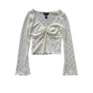 Just Polly Ivory Lace Bell Sleeve Top S Cropped Tie Front Coquette Sheer Fairy